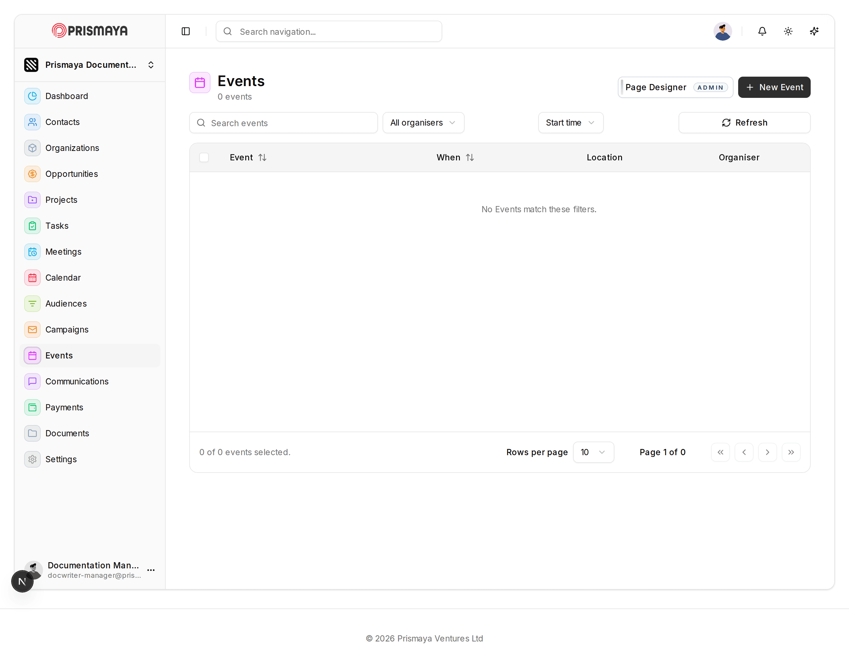 Events interface in Prismaya