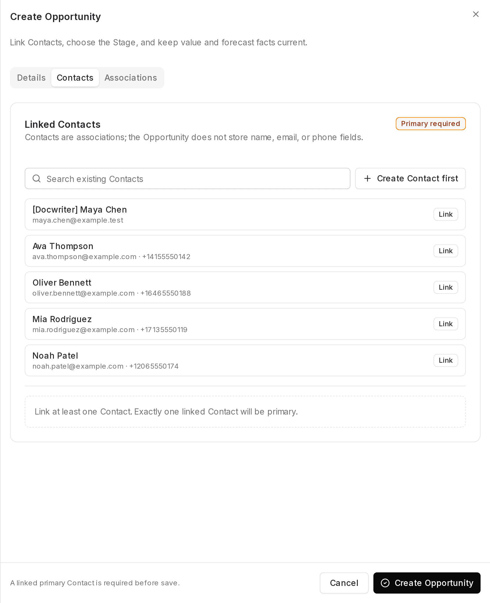 Create an opportunity — Linked Contacts interface in Prismaya