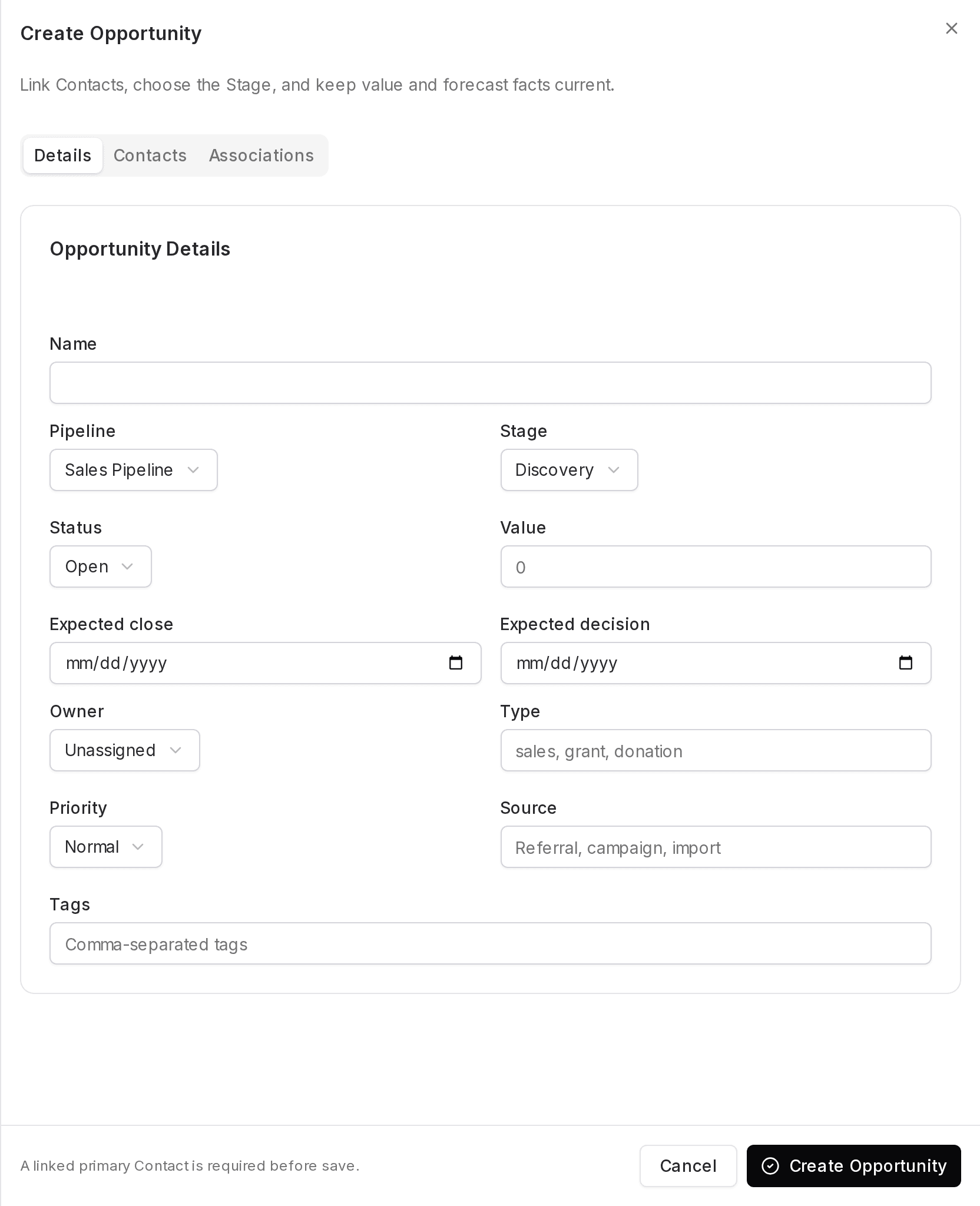 Create an opportunity interface in Prismaya