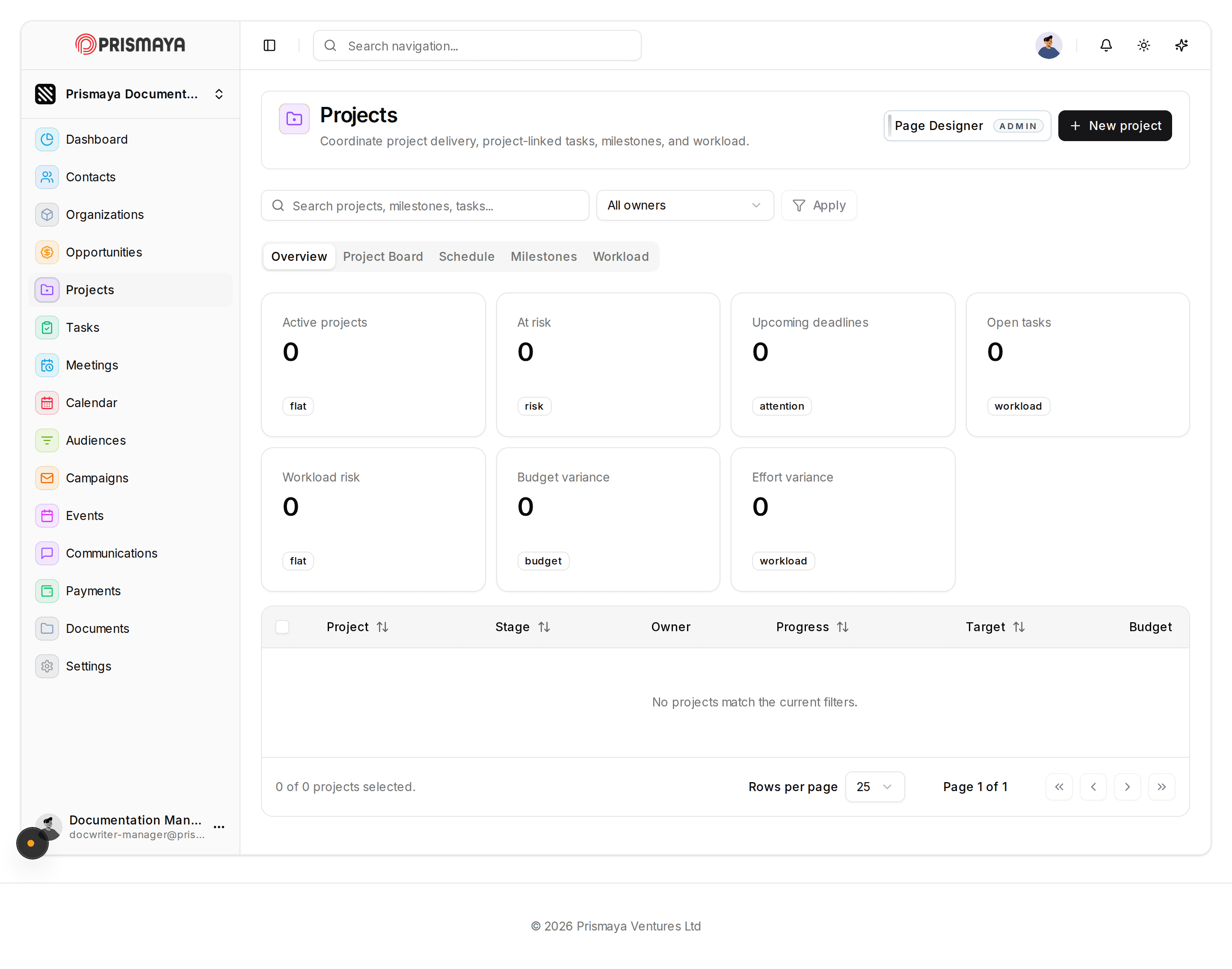 Projects interface in Prismaya