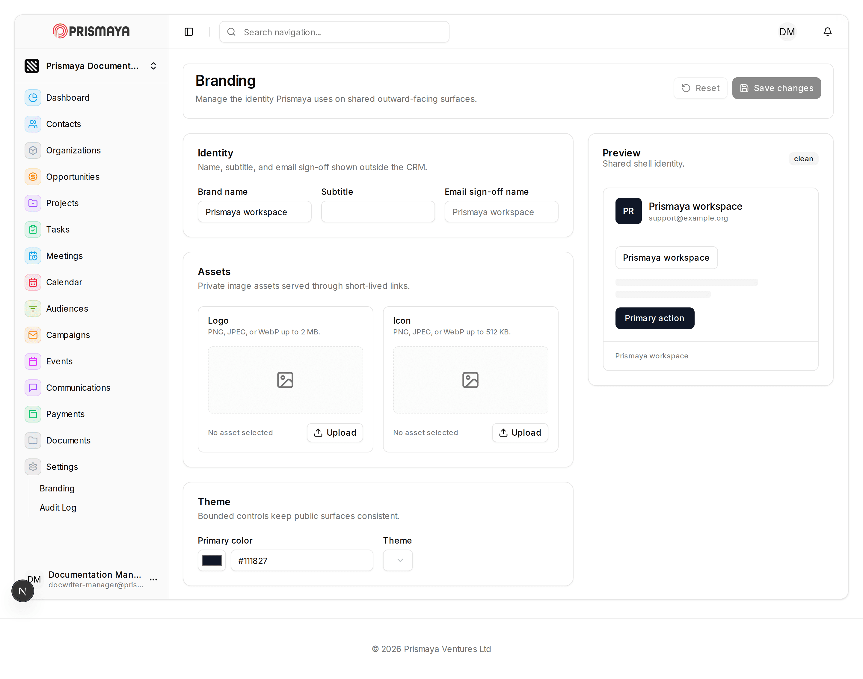 Branding settings interface in Prismaya