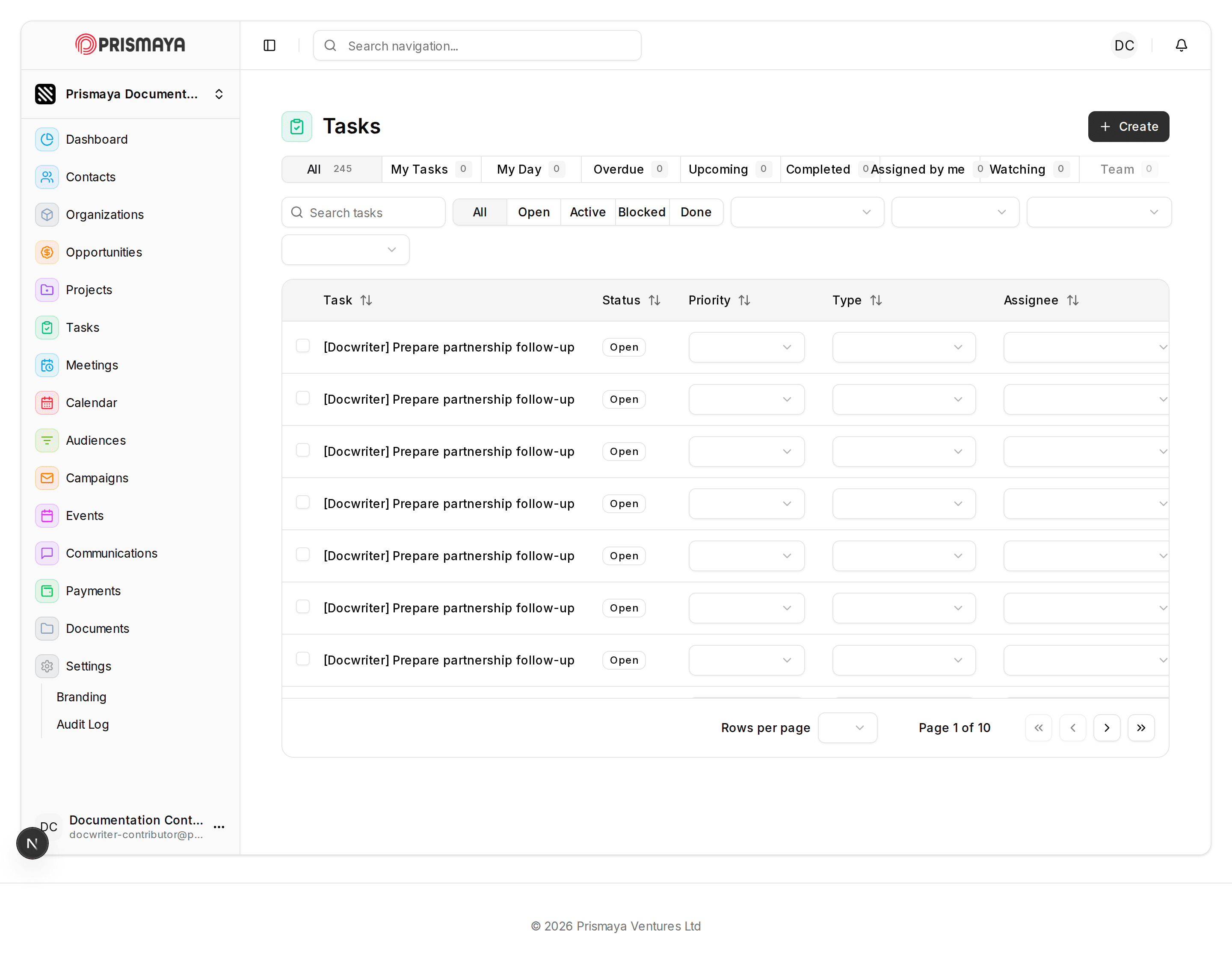 Tasks interface in Prismaya